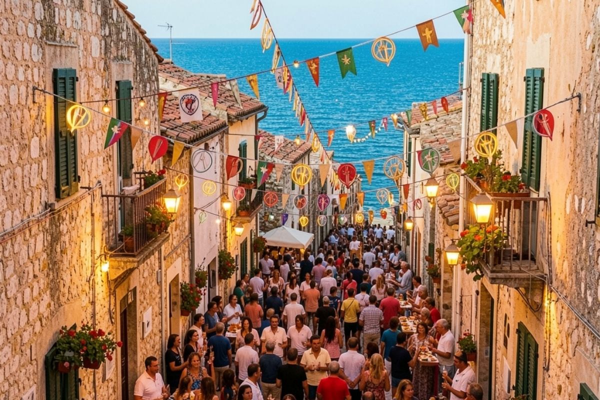Sagra del pesce a Peschici con piatti tipici, gente che mangia all'aperto