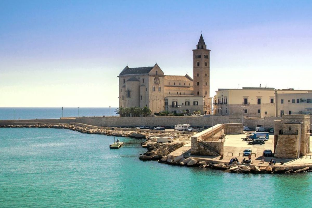 Vista panoramica del porto di Trani con la cattedrale romanica in background