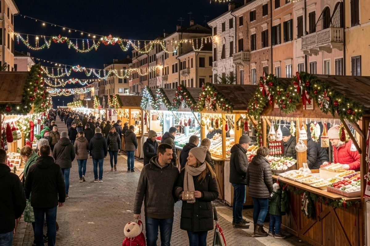 Mercatini di Natale a Trani con luci e decorazioni festive