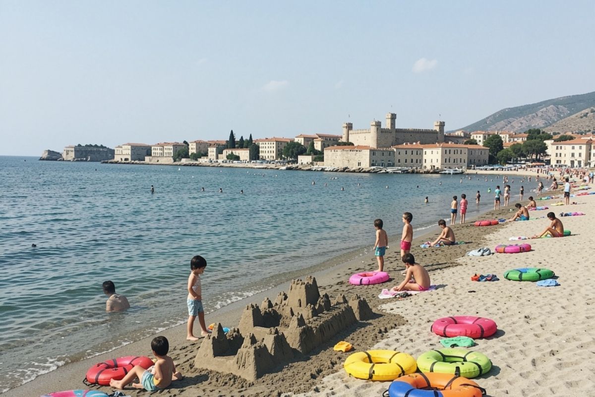 Vista panoramica di Gallipoli con bambini sulla spiaggia, evidenziando la bellezza del mare e del centro storico