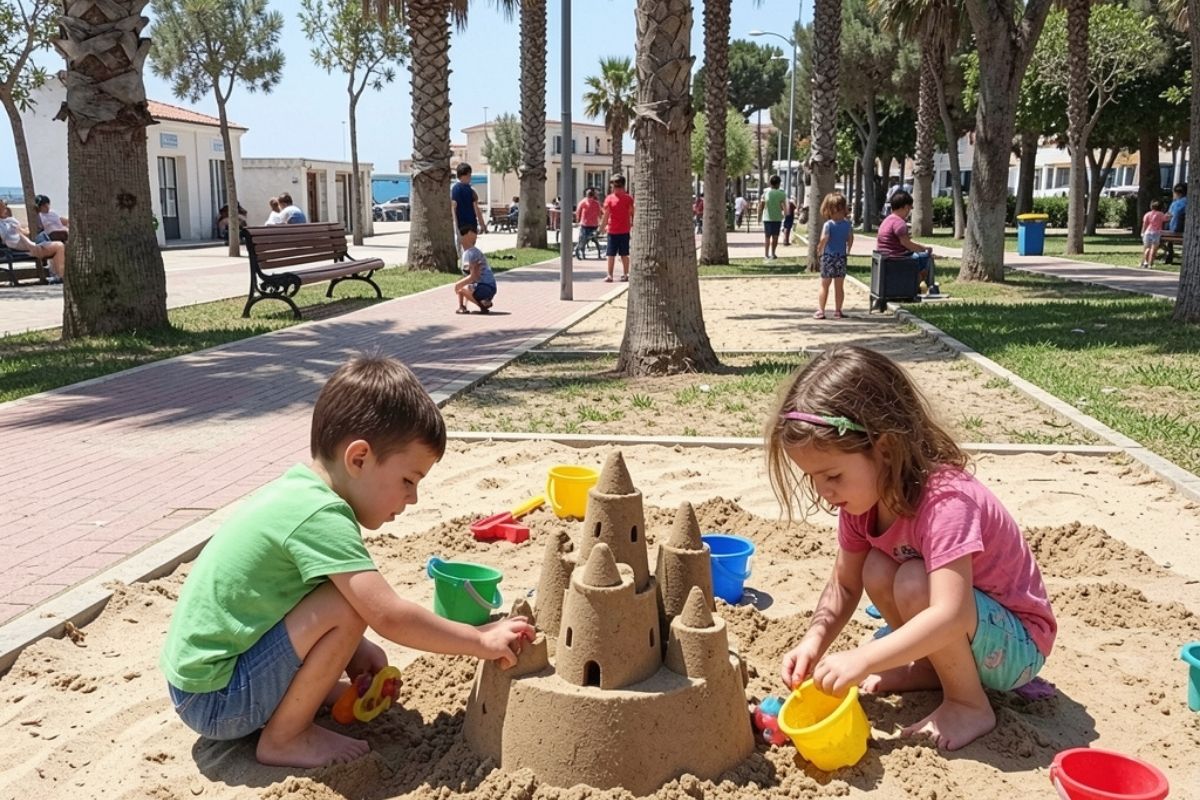 Bambini che giocano in un parco a Gallipoli, mettendo in evidenza le attività all'aperto