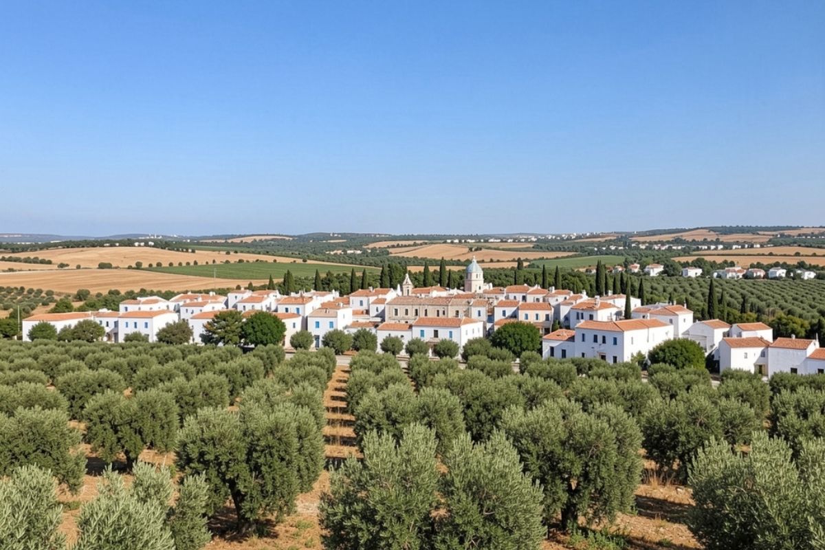 Panorama di Ostuni con uliveti e cielo blu