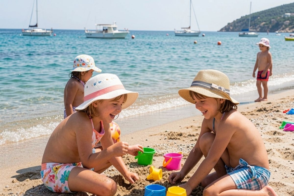 Spiaggia di Vieste con bambini che giocano sulla sabbia e il mare sullo sfondo