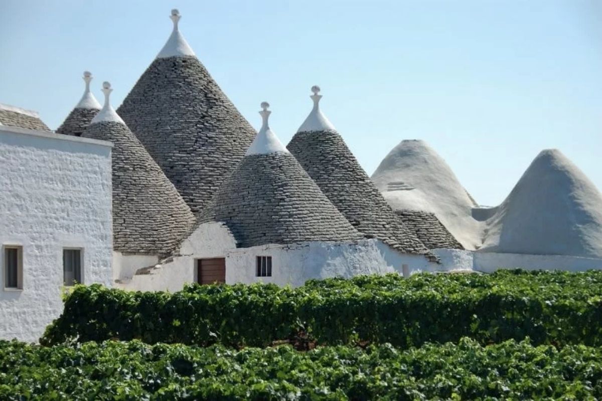 Vista panoramica di Alberobello con i trulli e il paesaggio circostante