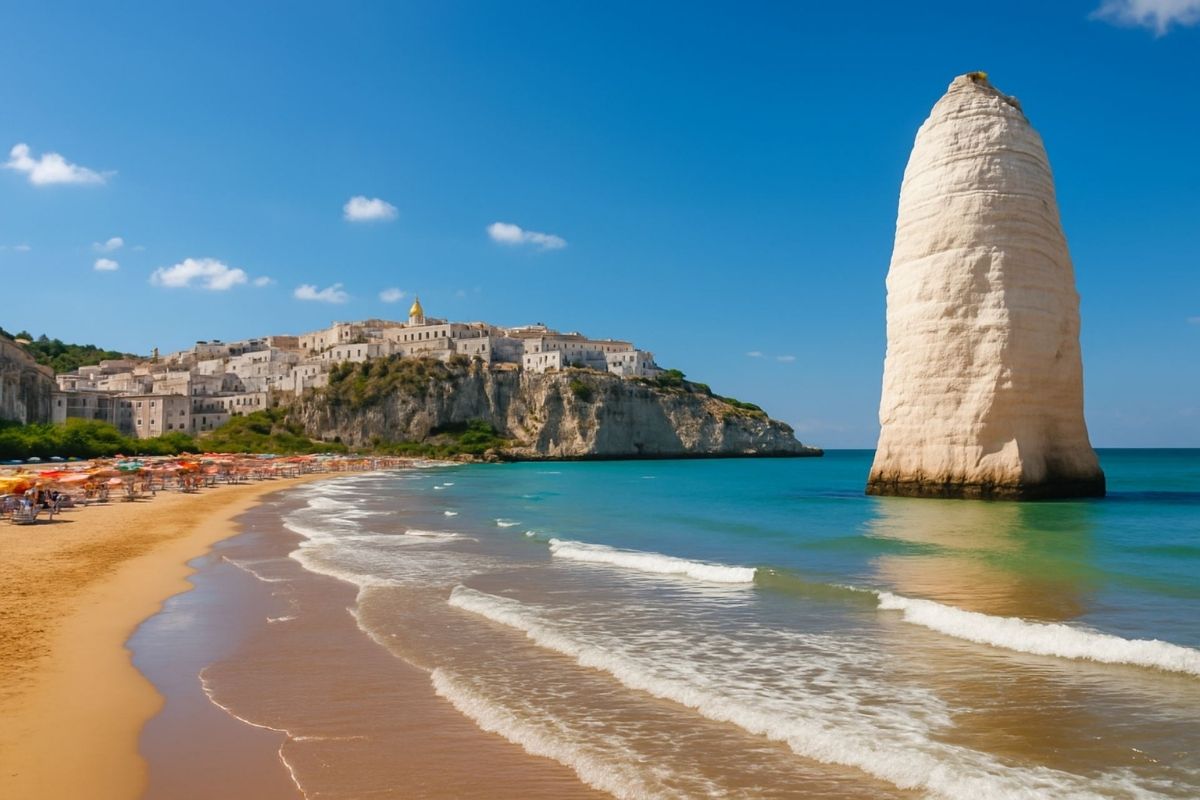 Vista panoramica di Vieste con il Pizzomunno e il mare cristallino